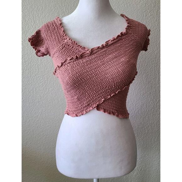 Y2K Smocked Crop Tank Top Sz Medium Stretch Ruffle Trim Criss Cross Love Tree - Picture 1 of 7